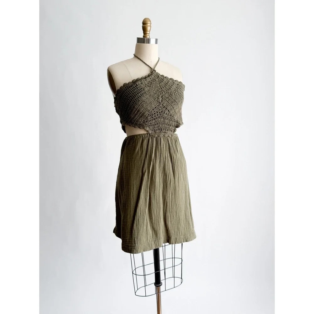 Aerie Mini Dress Boho Crochet Halter Cutout Gauze XL Olive Green Summer Festival